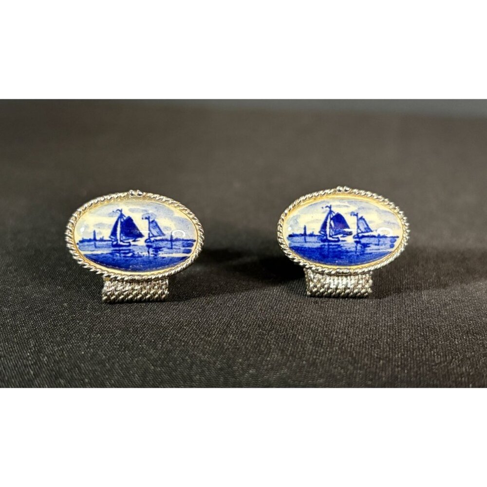 Vintage Delft Swank Nautical Blue Porcelain Sailboat Cufflinks Silver Tone Oval - Picture 1 of 13